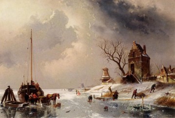 チャールズ・ライカート Painting - 氷の上に馬車を積む人物たち 風景 チャールズ・ライカート